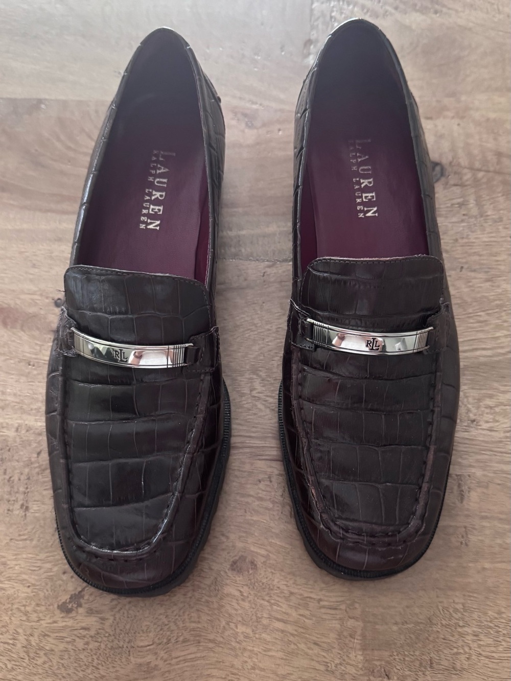 LAUREN Ralph Lauren Dark Brown Croc-Embossed Leather Bit Loafers 6 1/2 B